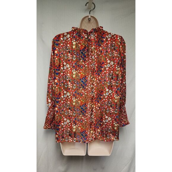 Rachel Zoe Red Floral High Neck Smock Sleeve Blouse Multicolor Red Size Medium - Picture 5 of 12